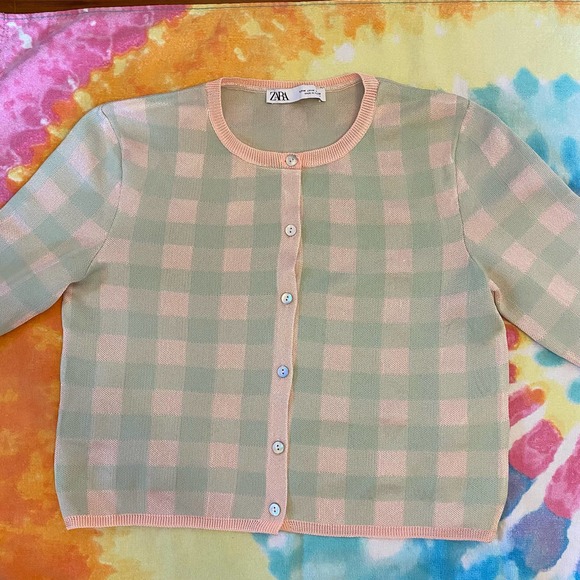 Zara green pink plaid short sleeve button up cardigan sweater, Sz M - Picture 6 of 9